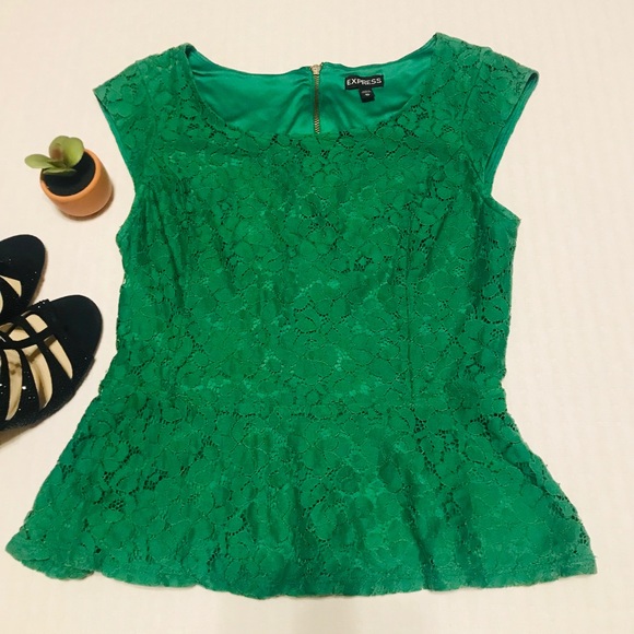 Express Cap Sleeve Green Lace Peplum Top XS - Picture 3 of 5